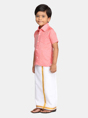 Boys Red Colour Readymade Shirt With Dhoti Set.