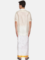 Men Artsilk Shirt and Solid White Ready to Wear Dhoti Set