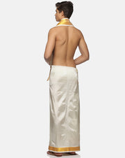 Men Cream Art Silk Readymade Dhoti With Angavastram Set.