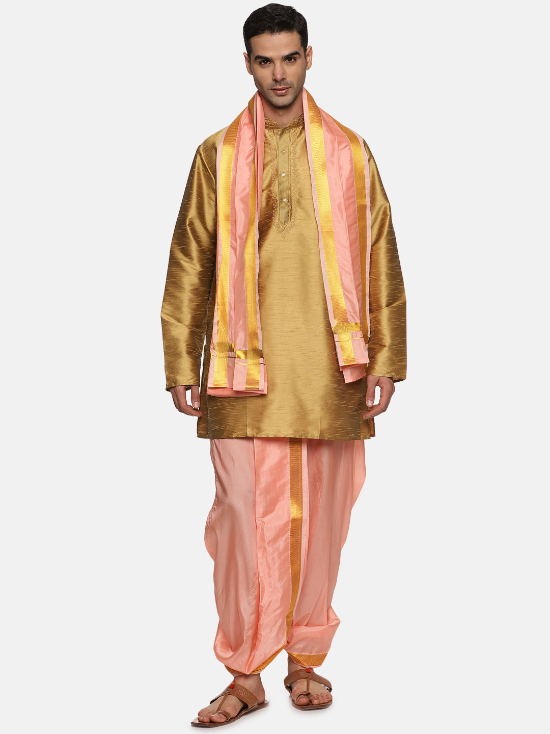Conjunto Dhoti Y Angavastram De Seda Con Bordado Dorado - Talla única, Ideal Para Rituales Y Ceremonias