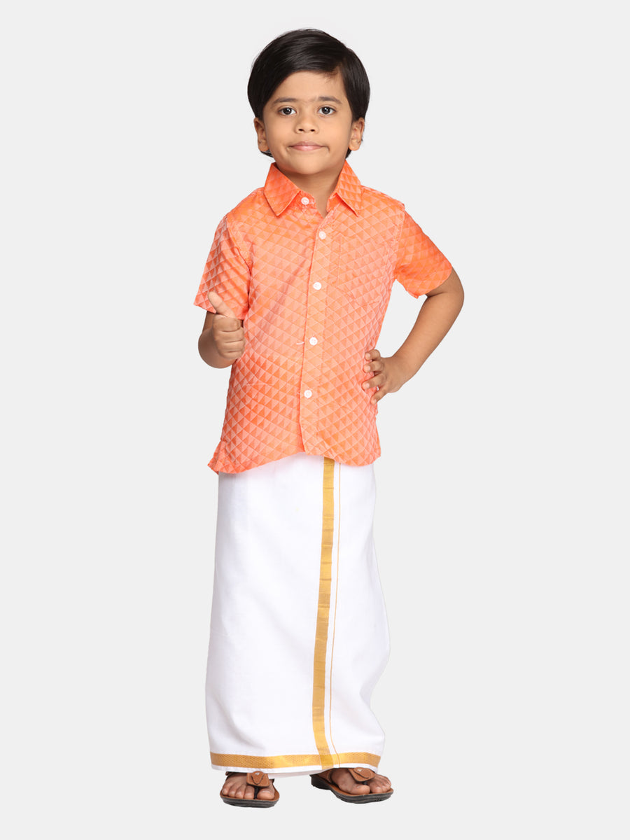 Boys Orange Colour Readymade Shirt With Dhoti Set.