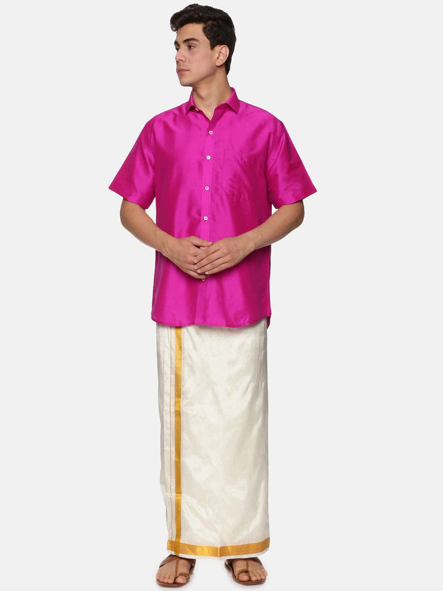 Men Solid Magenta Colour Half Sleeve Shirt Pocket Dhoti Set