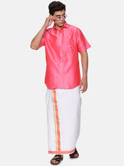 Men Solid Coral Colour Half Sleeve Shirt Pocket Dhoti Set