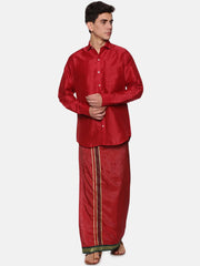 Men Solid Maroon Colour Full Sleeve Shirt Pocket Dhoti Set.