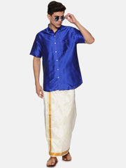 Men Solid Blue Colour Half Sleeve Shirt Pocket Dhoti Set.