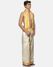 Men Cream Art Silk Readymade Dhoti With Angavastram Set.