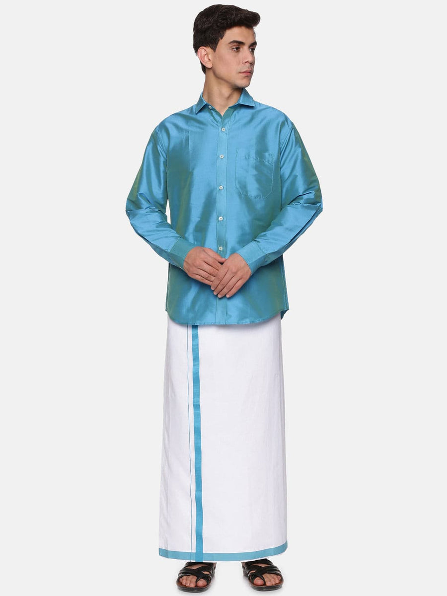 Men Solid Blue Colour Full Sleeve Shirt Pocket Dhoti Set.