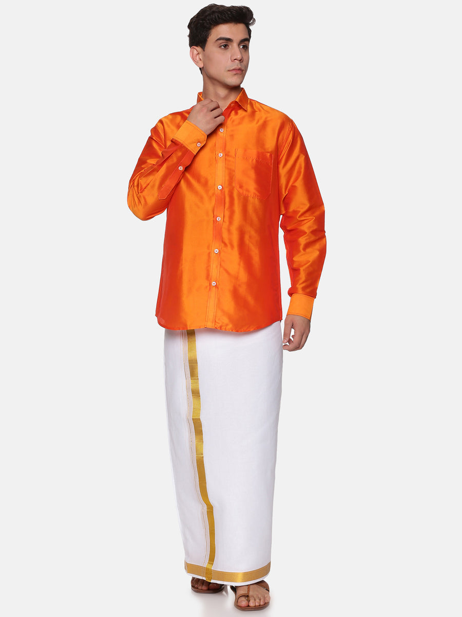 Men Solid Colour Full Sleeve Shirt Pocket Dhoti Set