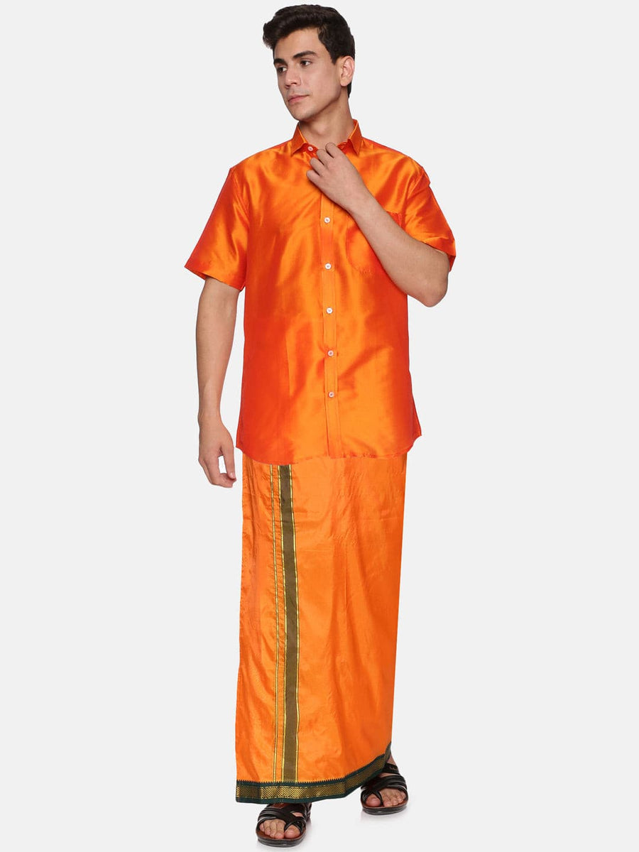 Men Solid Orange Colour Half Sleeve Shirt Pocket Dhoti Set.