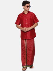 Men Solid Maroon Colour Half Sleeve Shirt Pocket Dhoti Set.