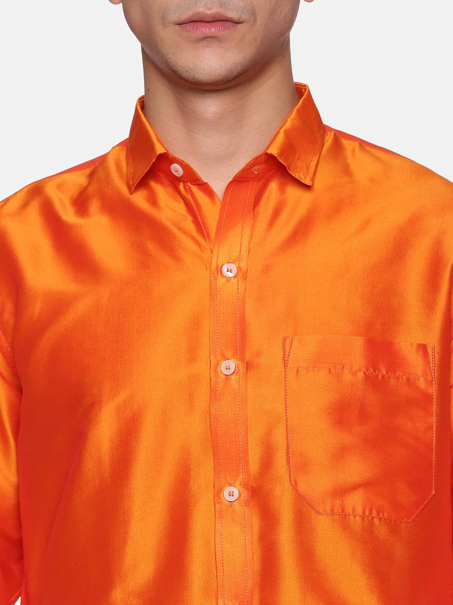 Men Solid Orange Colour Full Sleeve Shirt Pocket Dhoti Set.