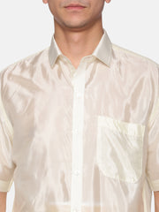Men Artsilk Shirt and Solid White Ready to Wear Cotton Dhoti Set