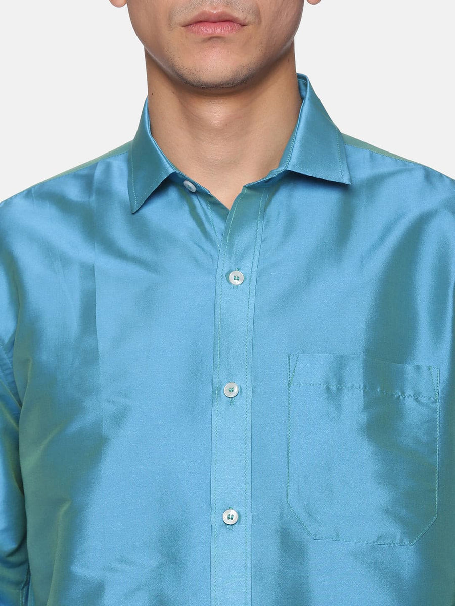 Men Solid Blue Colour Full Sleeve Shirt Pocket Dhoti Set.