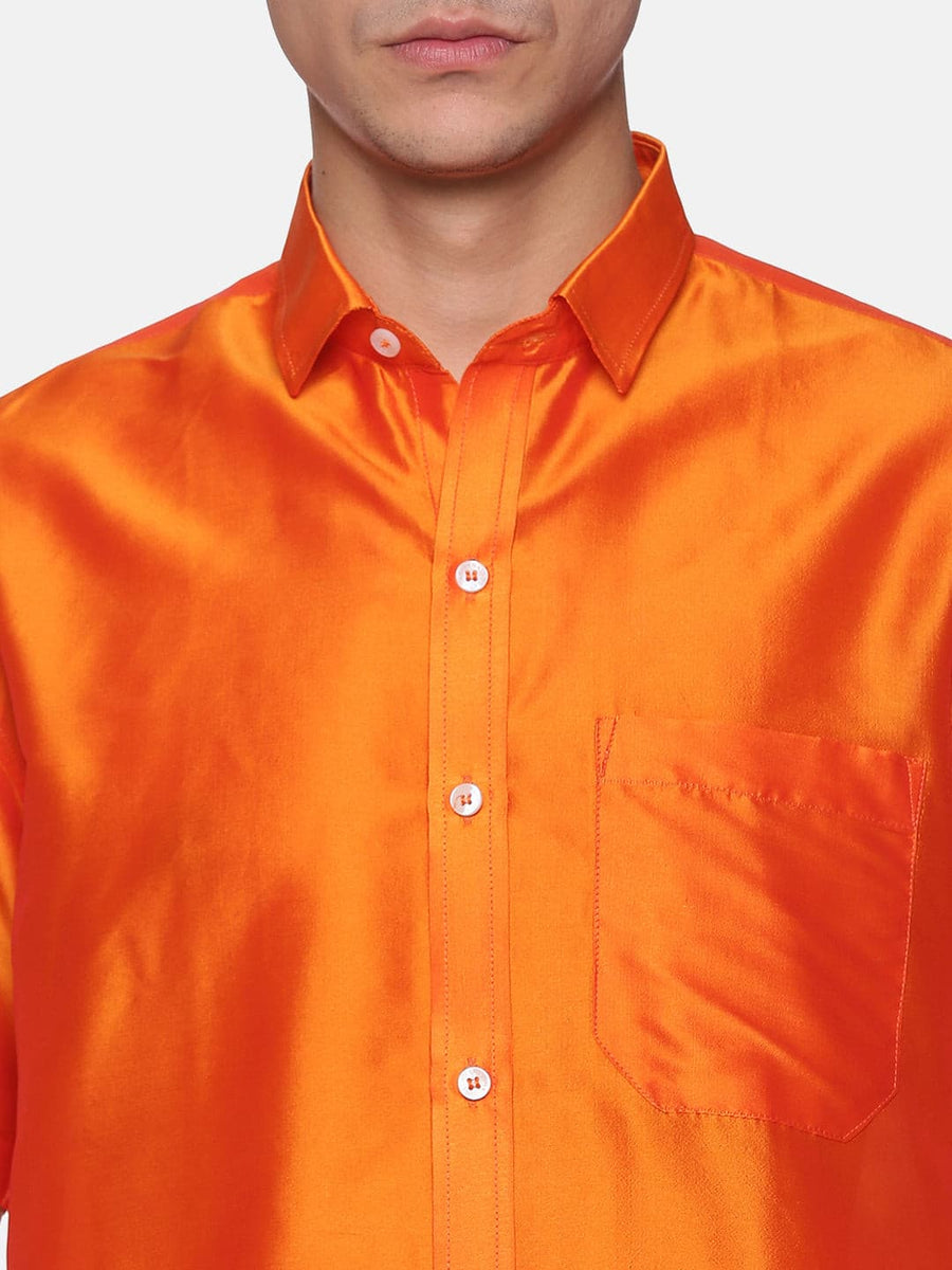 Men Solid Orange Colour Half Sleeve Shirt Pocket Dhoti Set.