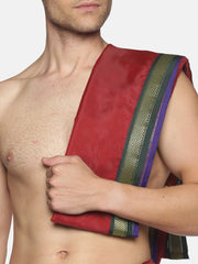 Men Maroon Art Silk Readymade Dhoti With Angavastram Set.