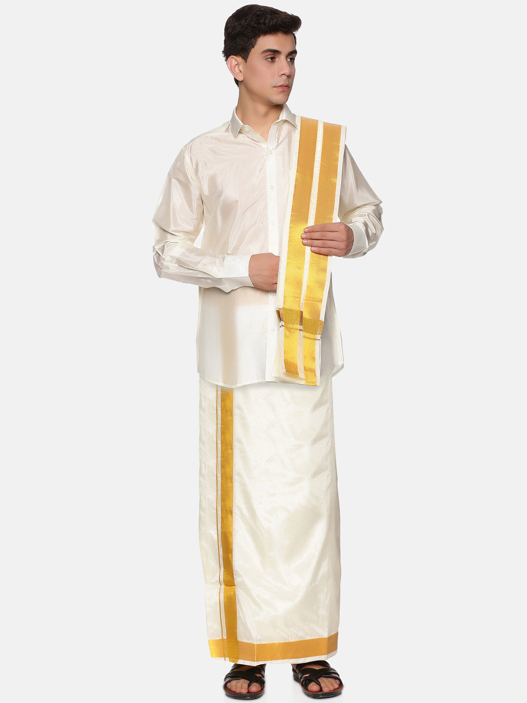 Men's wear combo pack features rose gold polyester full-sleeve readymade  shirt, zari border dhoti & angavastram
