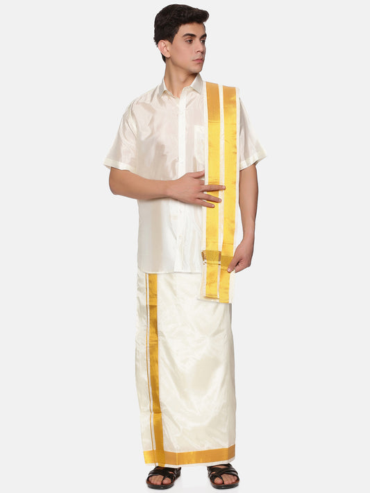 Men Half Sleeve Shirt Readymade Dhoti Angavastram Set