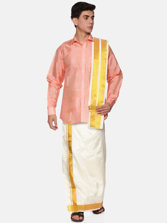 Men Full Sleeve Shirt and Cream Colour Pocket Dhoti Angavastram Set