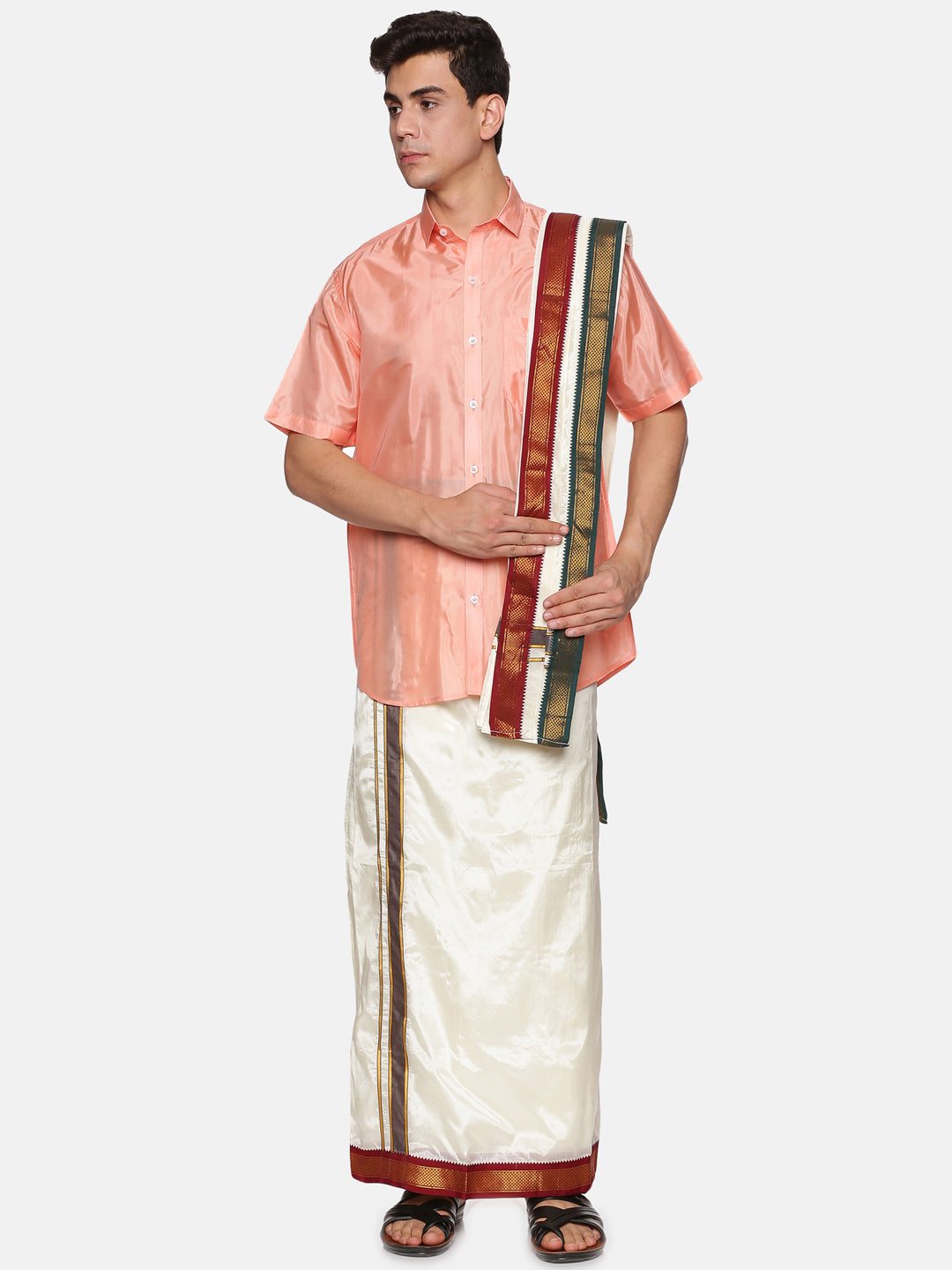 Men's wear combo pack features rose gold polyester full-sleeve readymade  shirt, zari border dhoti & angavastram