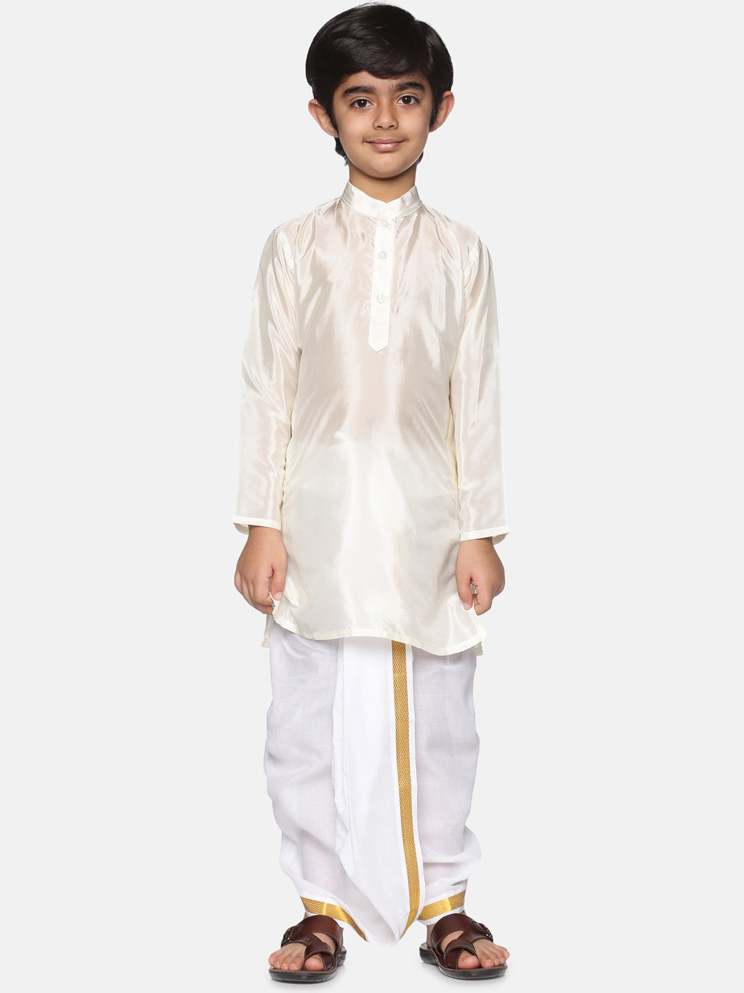 Boys Off White Colour Art Silk Kurta Dhoti Pant Set