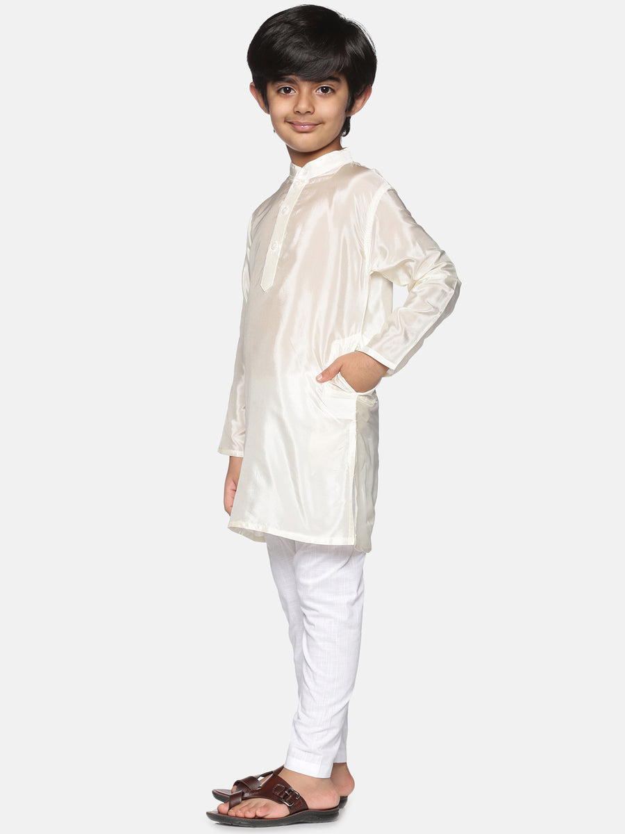 Boys Off White Colour Art Silk Kurta Pyjama Set