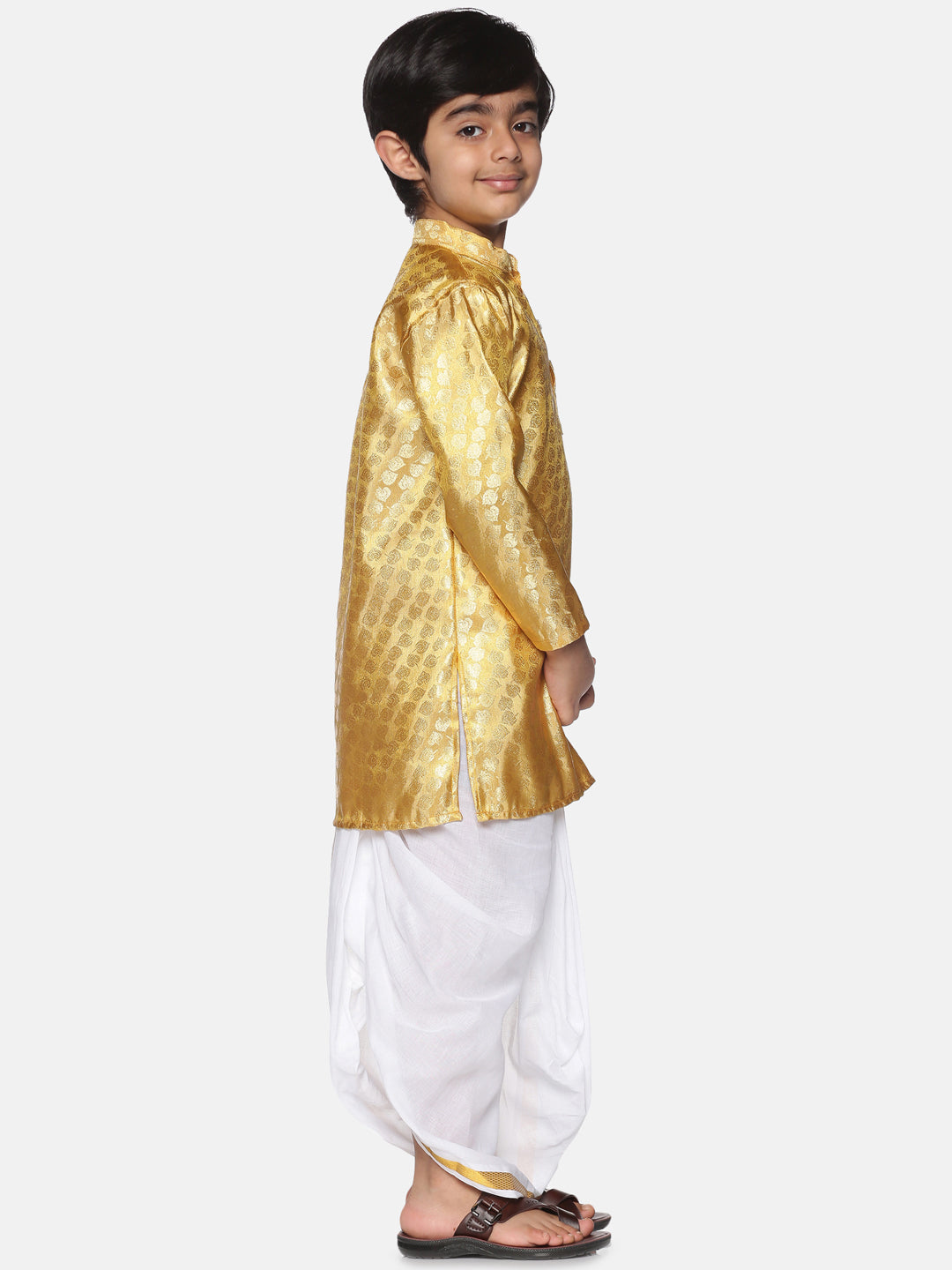 Boys Gold Colour Polyester Kurta Dhoti Pant Set