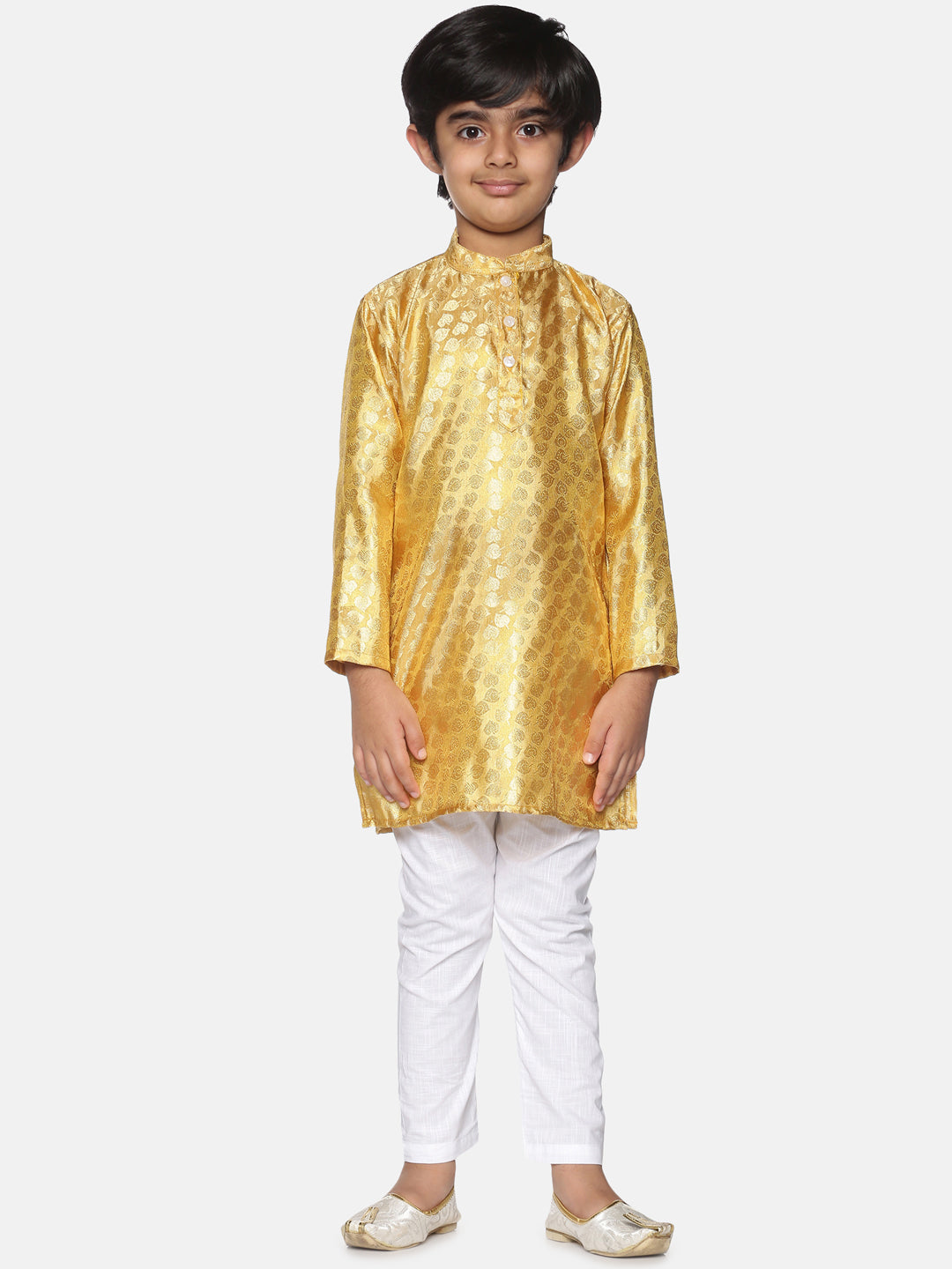 Boys Gold Colour Polyester Kurta Pyjama Set
