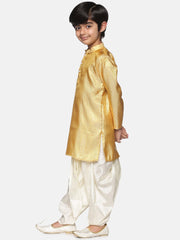Boys Gold Colour Polyester Kurta Dhoti Pant Set.