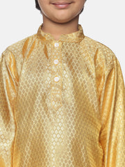 Boys Gold Colour Polyester Kurta Dhoti Pant Set.