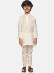 Boys Off White Colour Art Silk Kurta Pyjama Set