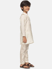 Boys Off White Colour Art Silk Kurta Pyjama Set.