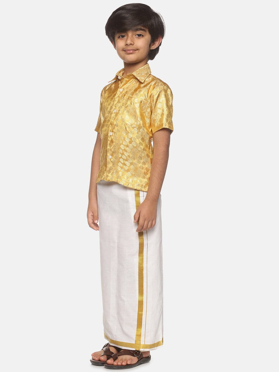 Boys Jacquard Cream Shirt And Dhoti Set.