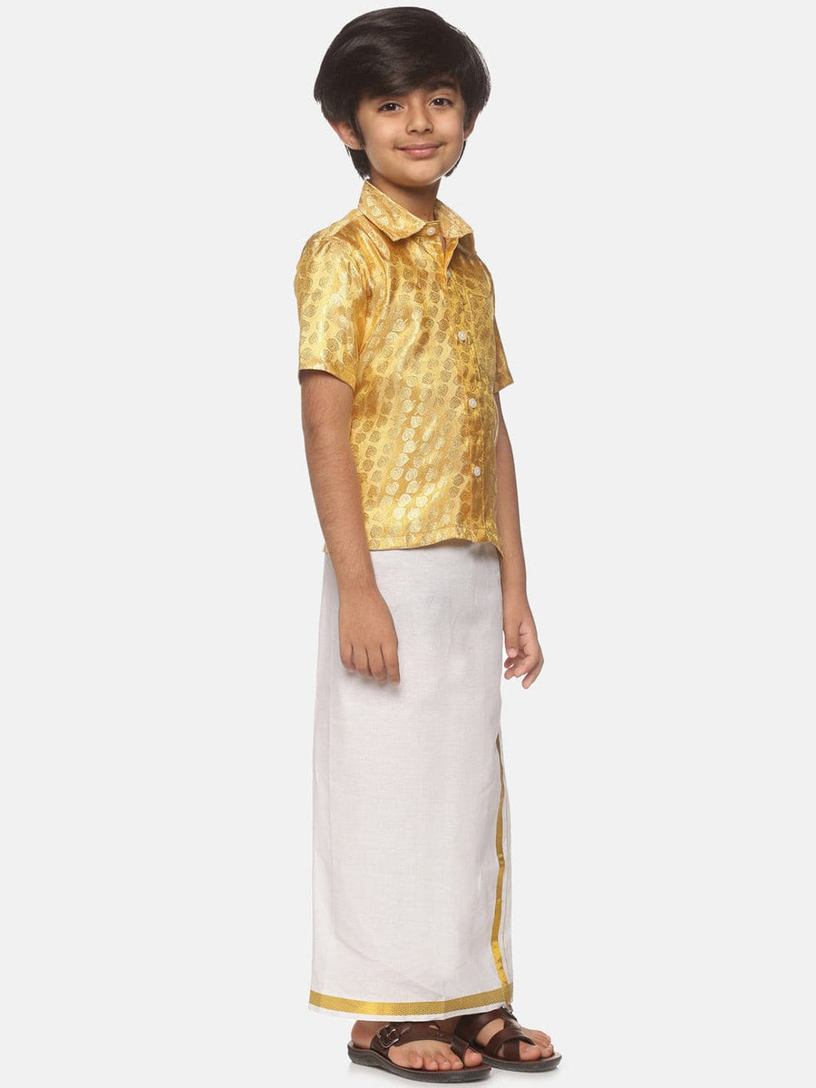 Boys Jacquard Cream Shirt And Dhoti Set.