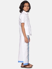 Boys White Colour Cotton Readymade Shirt With Dhoti Set