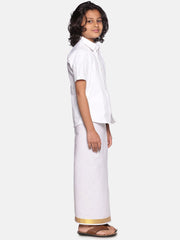 Boys White Cotton Readymade Shirt With Dhoti Set.