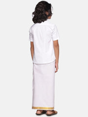 Boys White Cotton Readymade Shirt With Dhoti Set.