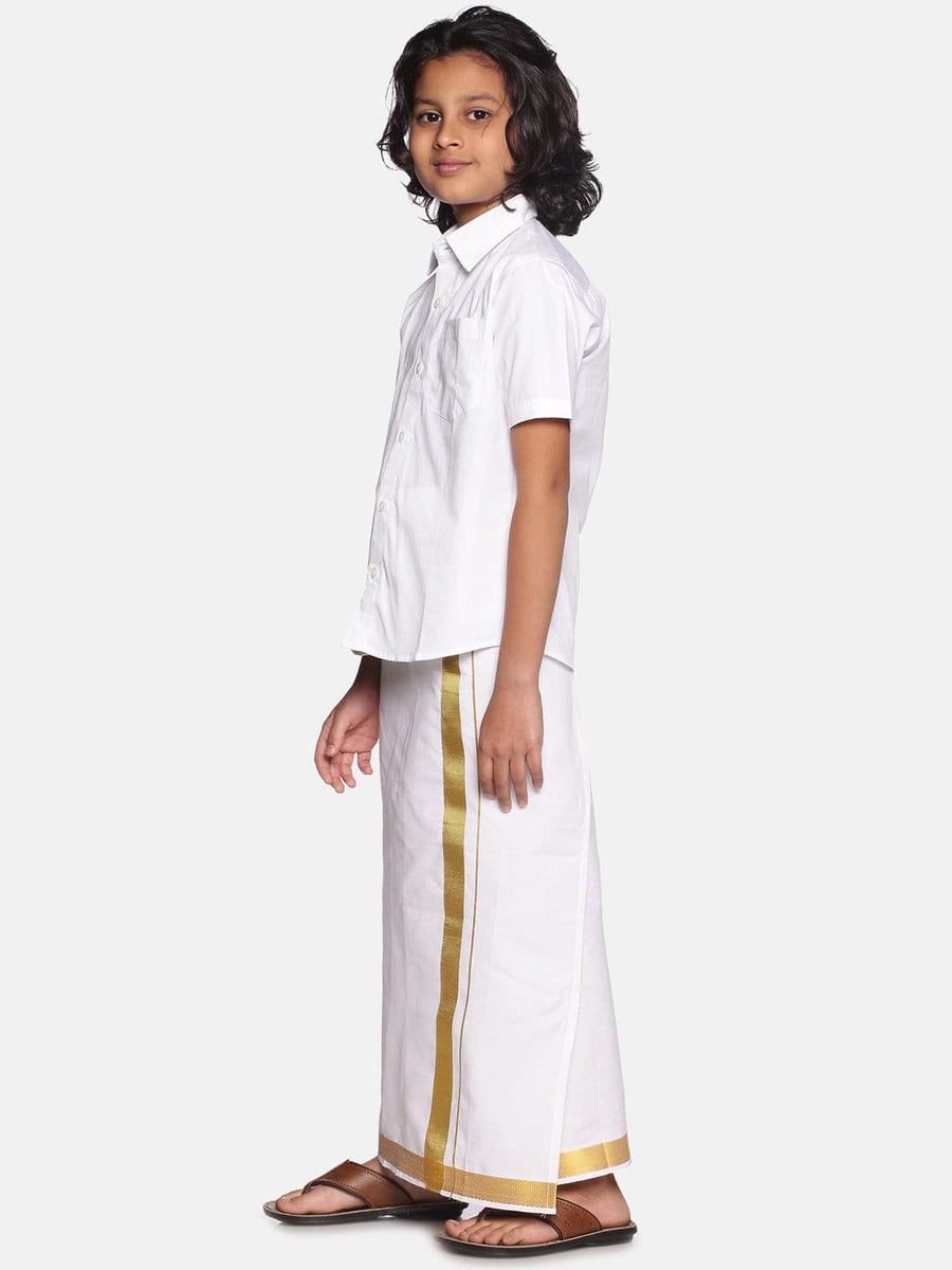 Boys White Cotton Readymade Shirt With Dhoti Set.