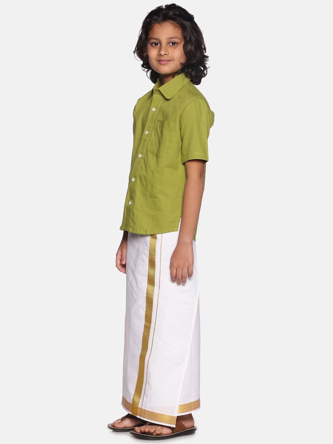 Boys Green Cotton Readymade Shirt With Dhoti Set