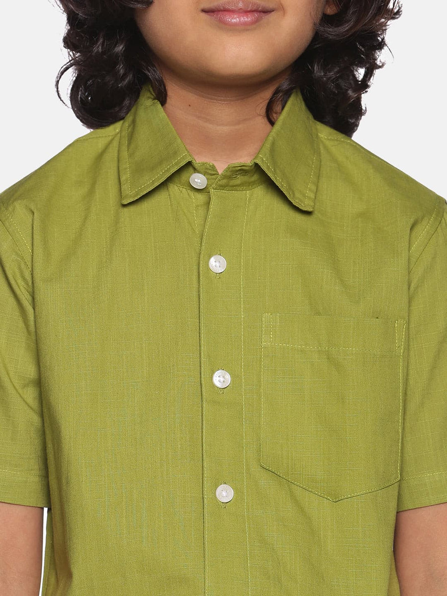 Boys Green Cotton Readymade Shirt With Dhoti Set