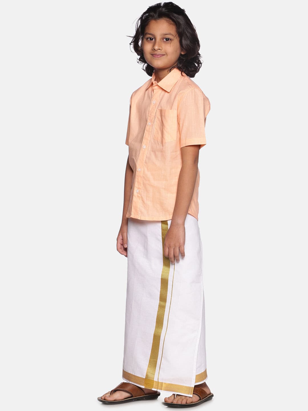 Boys Orange Cotton Readymade Shirt With Dhoti Set
