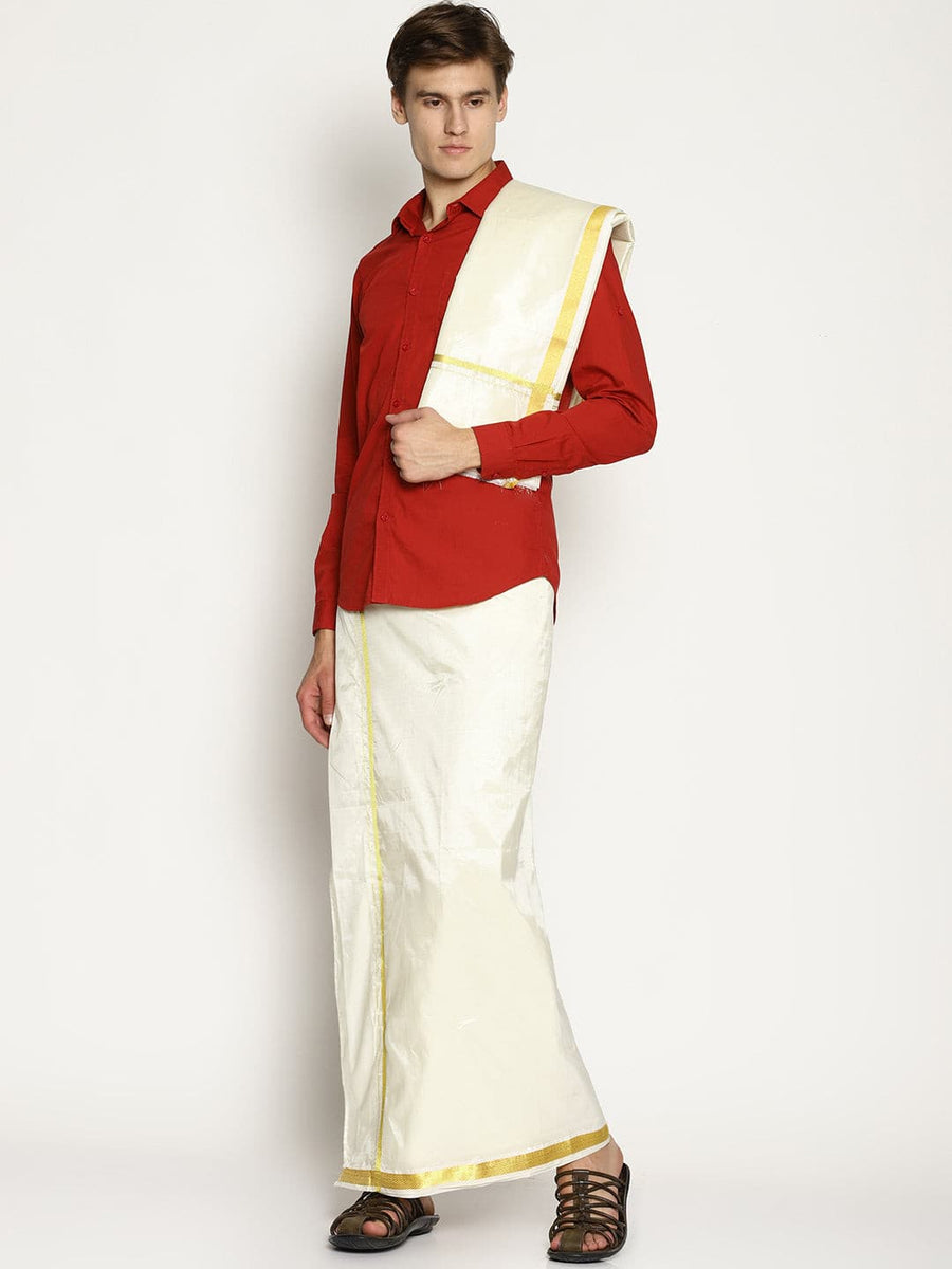 Men Cream Colour Art Silk Dhoti Combo Set