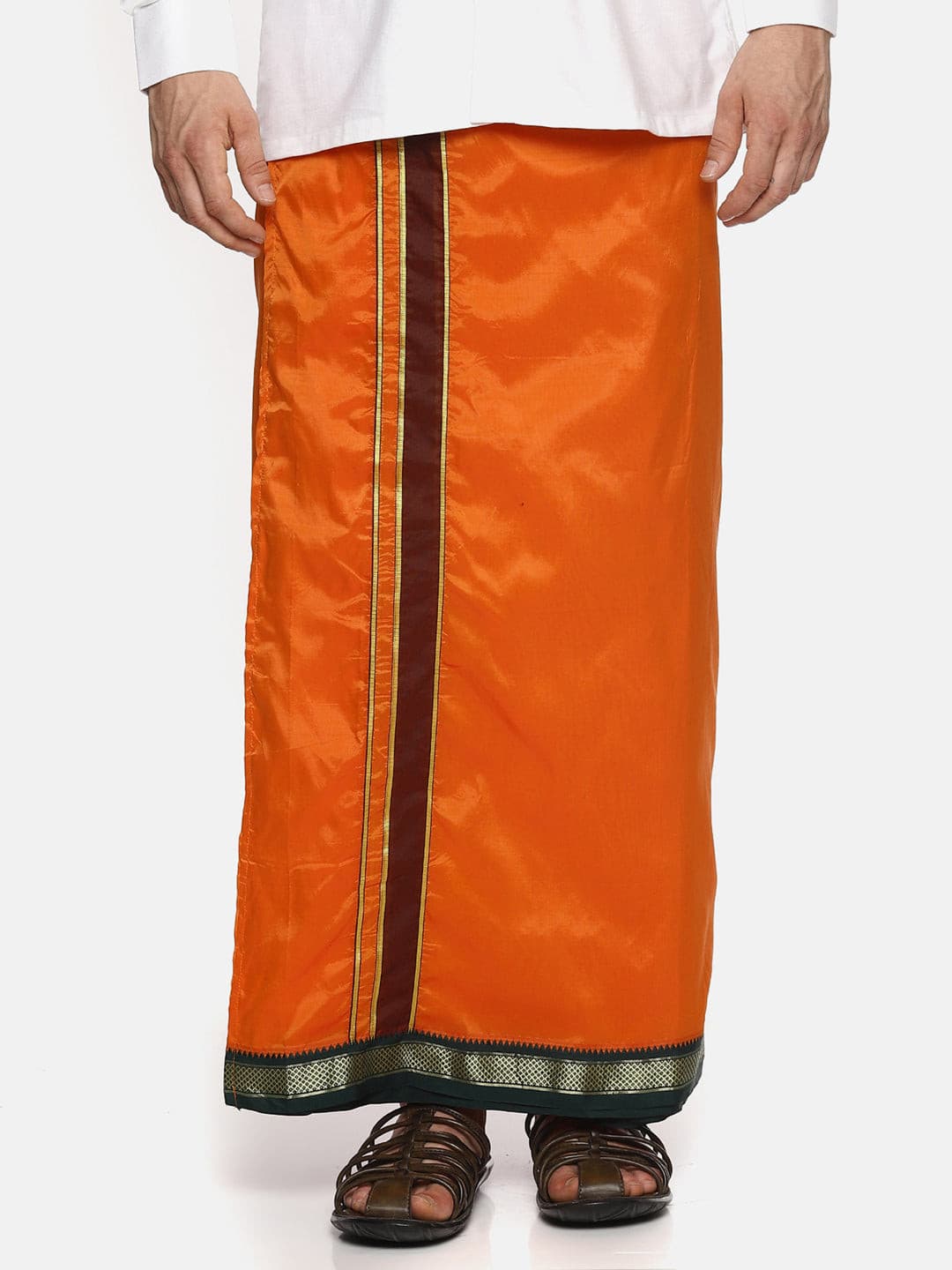 Men Orange Colour Art Silk Readymade Pocket Dhoti