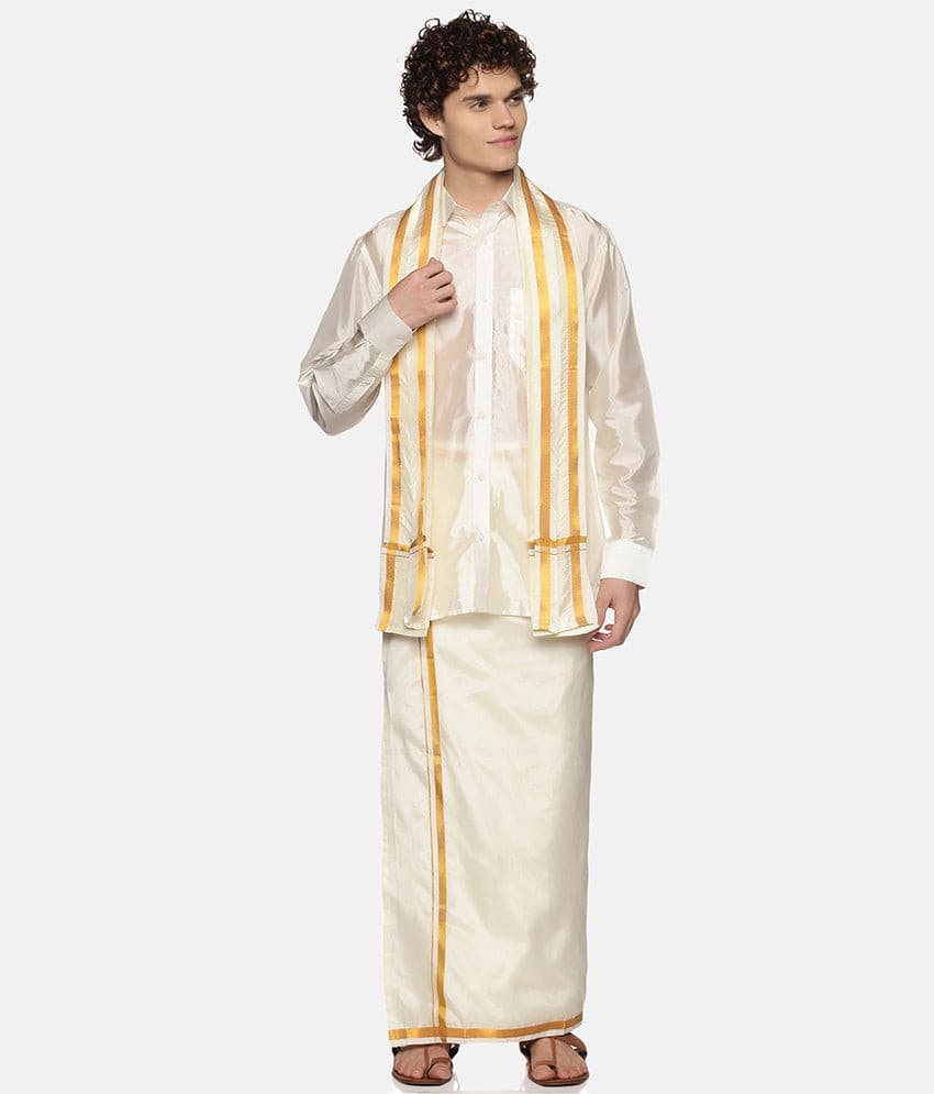 Men Cream Colour Dhoti Angavastram Set.