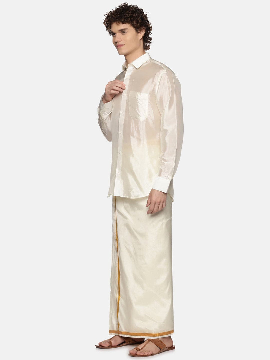 Men Cream Colour Art Silk Readymade Pocket Dhoti