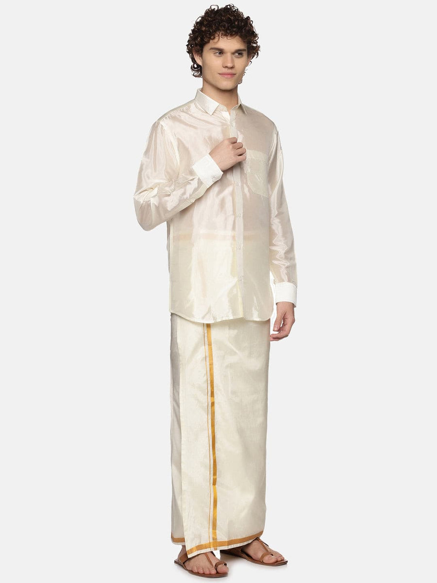 Men Cream Colour Art Silk Readymade Pocket Dhoti