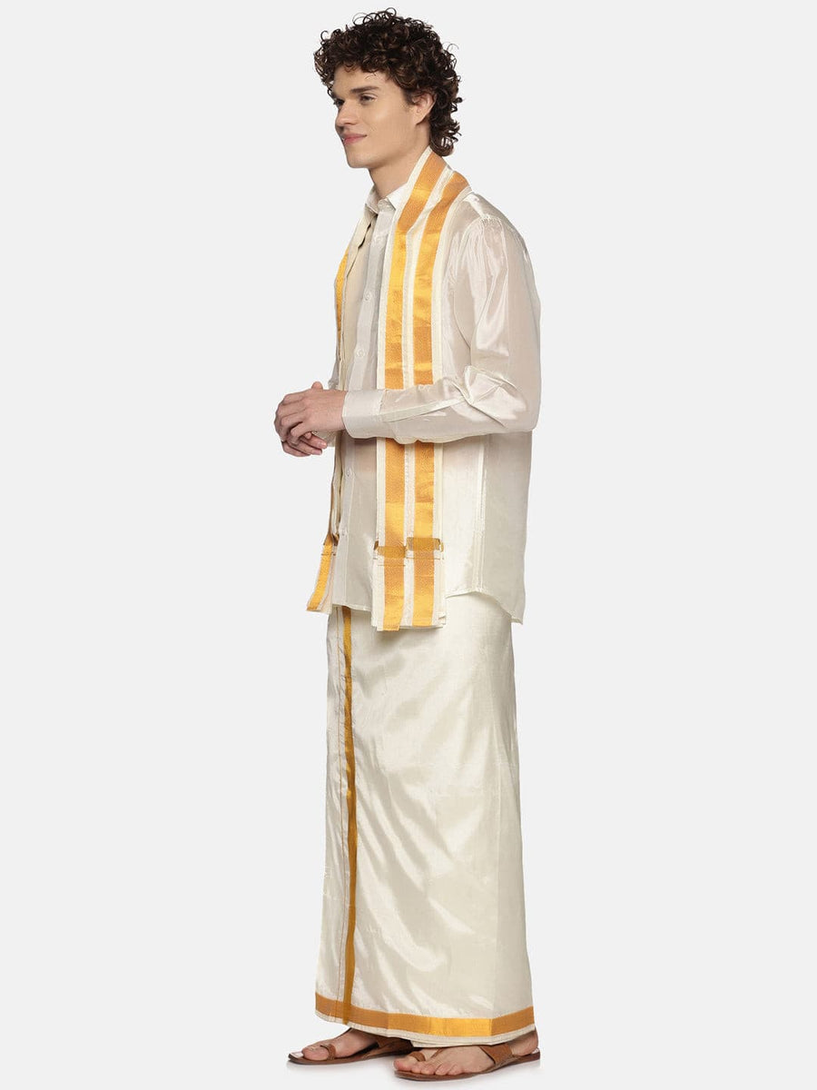 Men Cream Colour Art Silk Dhoti Angavastram Combo Set