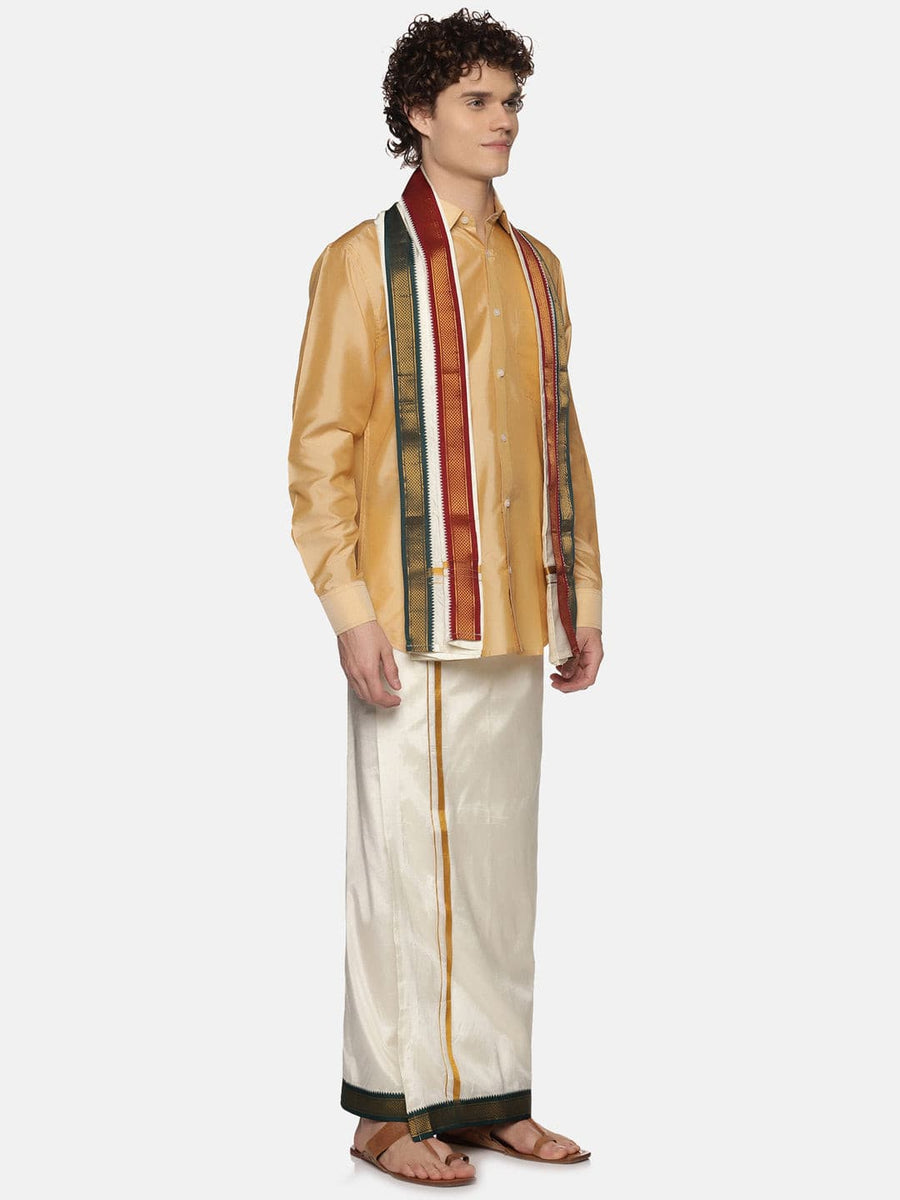 Men Cream Colour Art Silk Dhoti Angavastram Combo Set