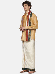 Men Cream Colour Art Silk Dhoti Angavastram Combo Set