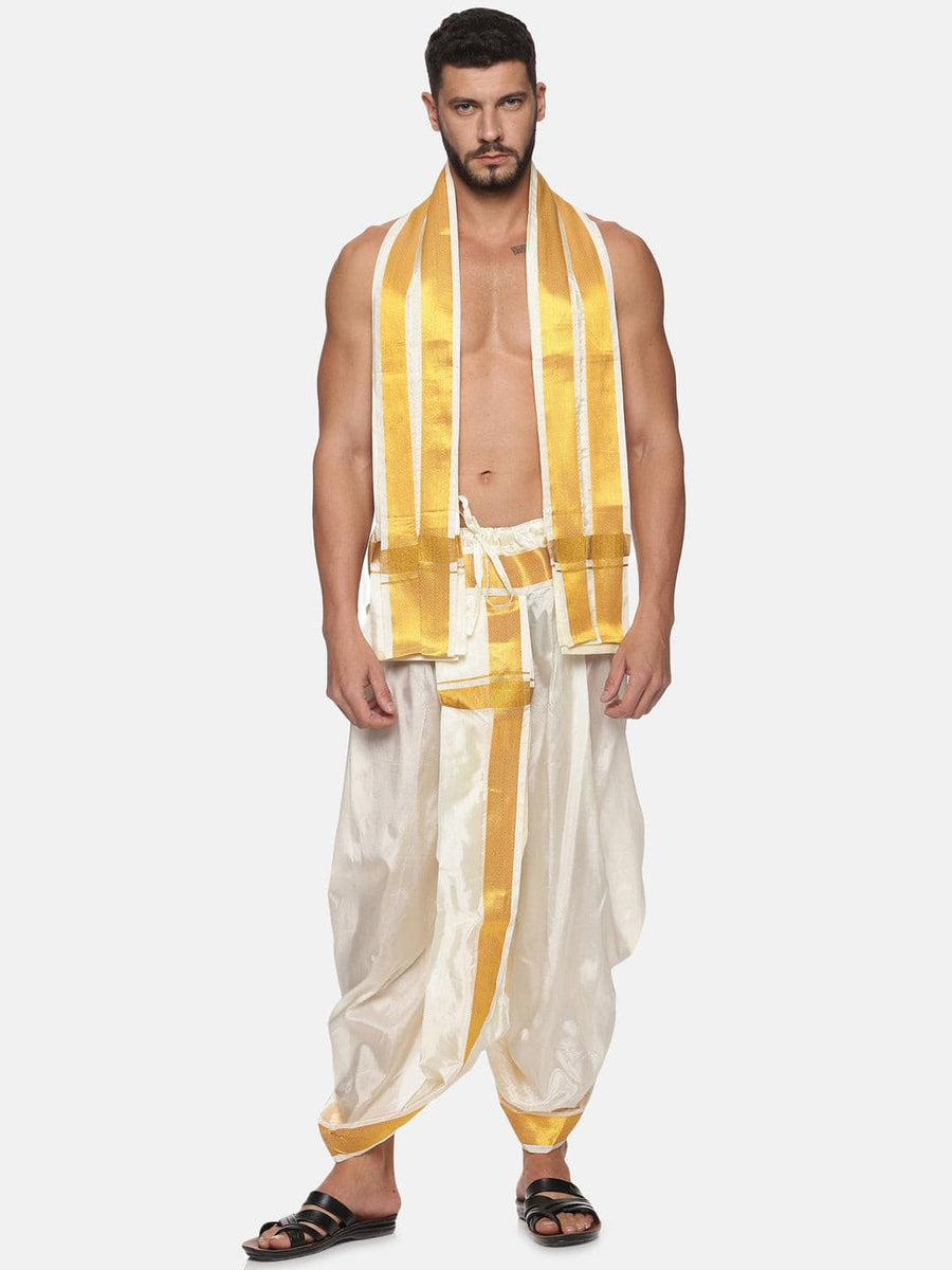 Men Cream Colour Art Silk Dhoti Angavastram Combo Set