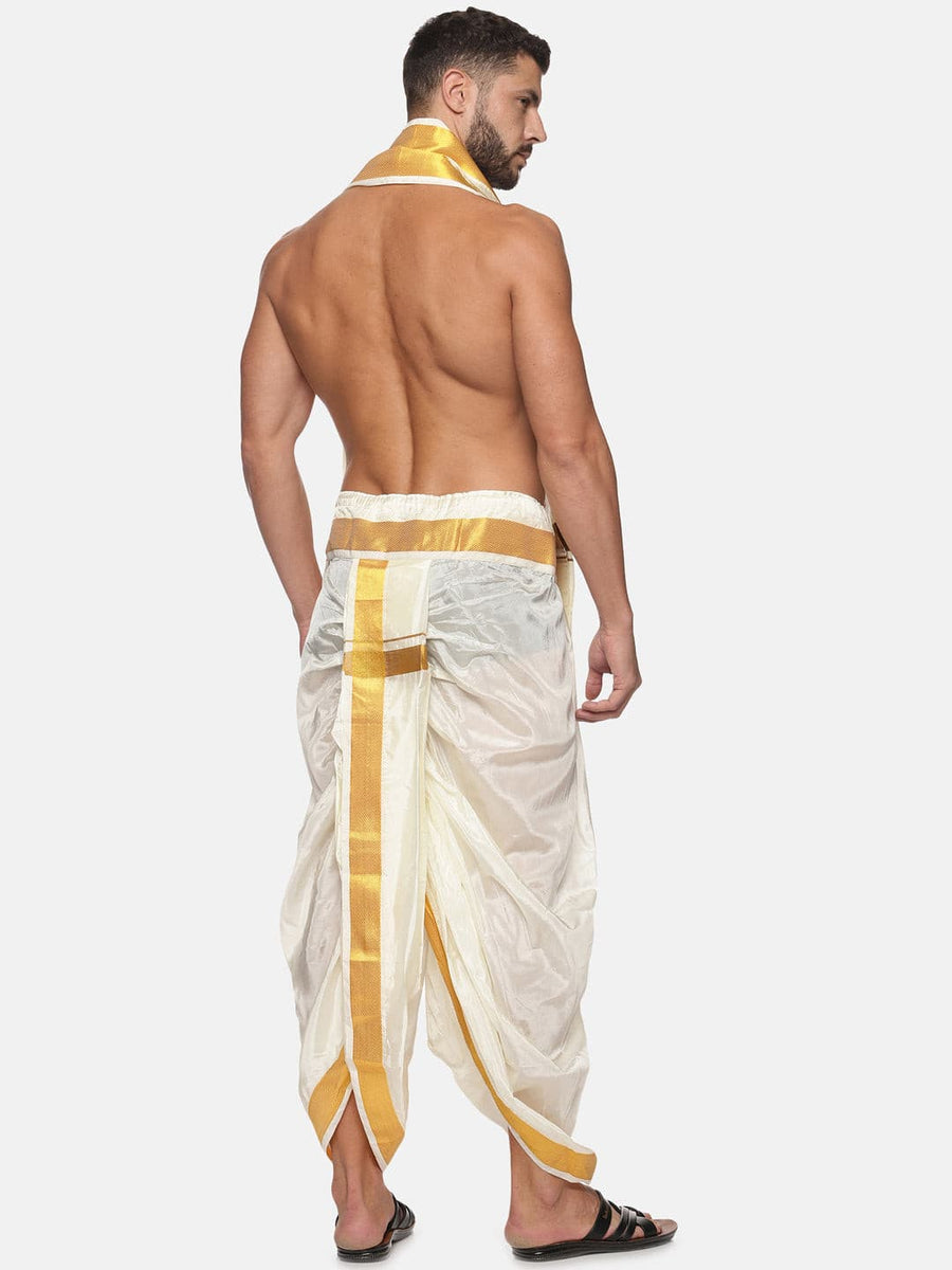 Men Cream Colour Art Silk Dhoti Angavastram Combo Set